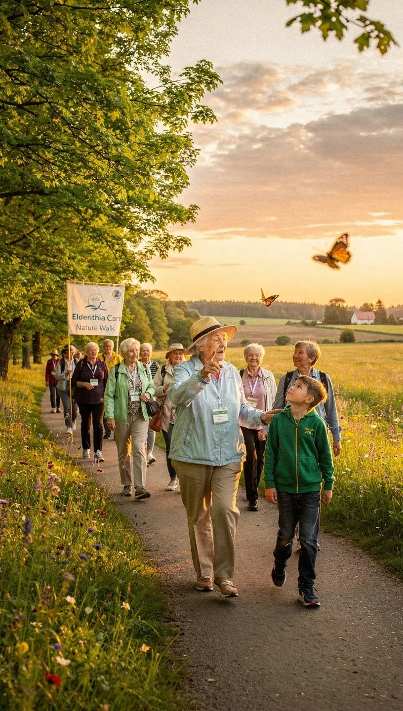 Senjorai užsiima sveikatingumo programa gamtoje, mėgaudamiesi saulės šviesa.