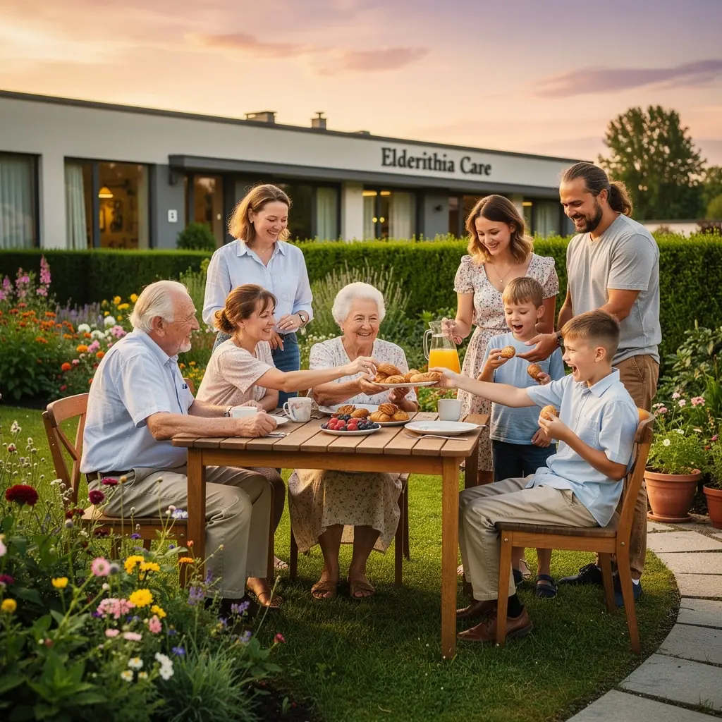 Šilta šeimos akimirka, kai seneliai dalijasi istorijomis su anūkais.