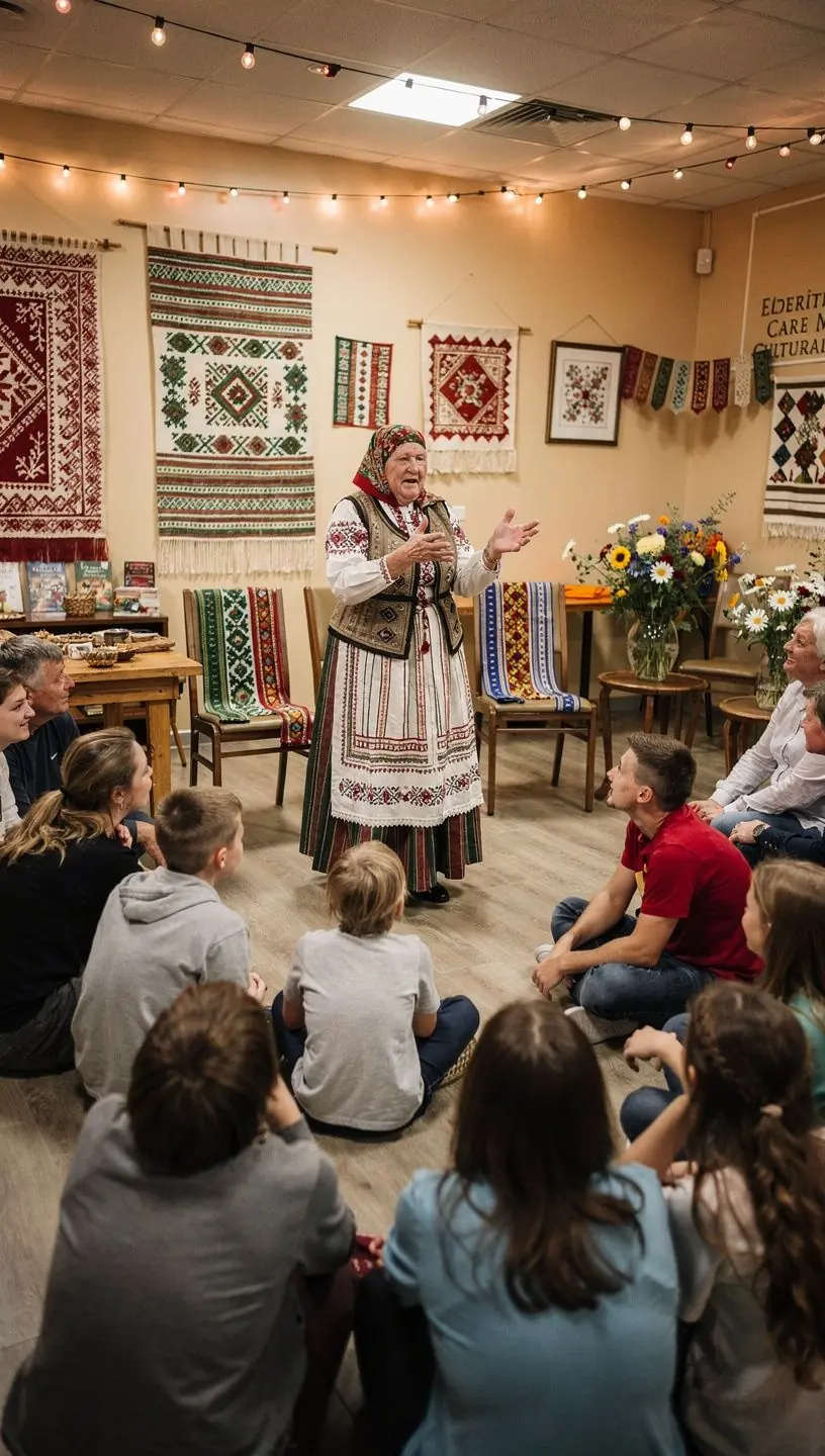 Vaikai ir senjorai kartu mėgaujasi laisvalaikiu, žaisdami žaidimus namuose.